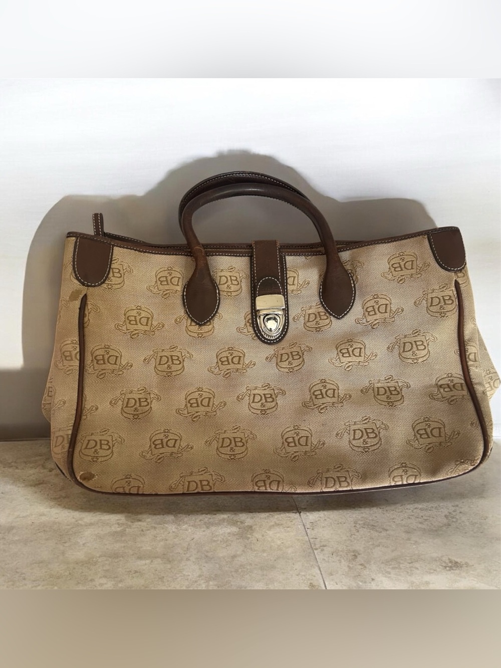 Dooney & Bourke Tan Monogram Tote with Brown Leather Trim